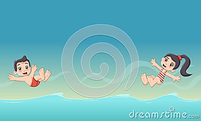 Cartoon children jumping into a swimming pool. Vector Illustration