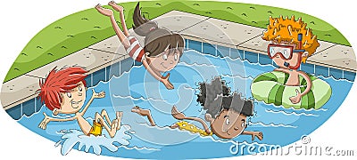 Cartoon children jumping into a swimming pool. Vector Illustration