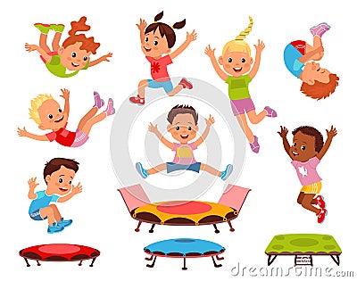 Cartoon children jumping on trampolines. Little boys and girls on playground. Kids activity. Energetic pastime Vector Illustration
