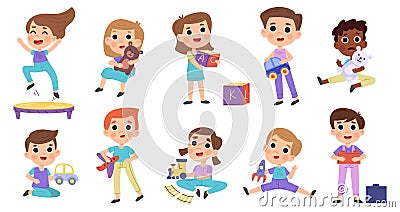 Cartoon children play with toys, kindergarten activities. Little kids playing with teddy bear, doll and toy car vector Vector Illustration