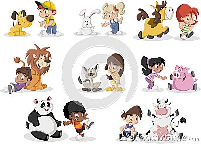 Cartoon children playing with animals pet Vector Illustration