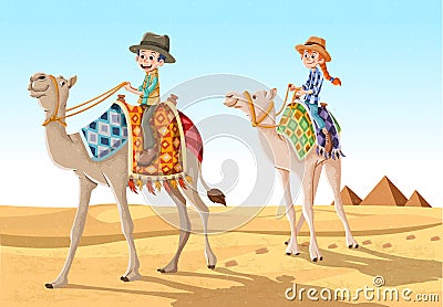 Cartoon children riding camels through the sand dunes in the desert. Vector Illustration