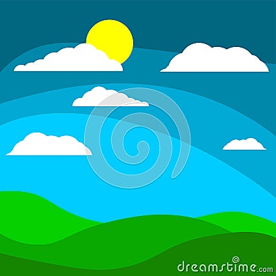 Cartoon children s background field with the sun behind the clouds Cartoon Illustration