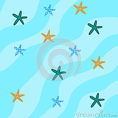 Cartoon childrens background. Starfishes on a blue background. Vector Illustration