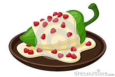 Cartoon Chiles en nogada, Chile Relleno, Poblano chili Mexican food vector illustration. Traditional Mexican Cuisine Vector Illustration