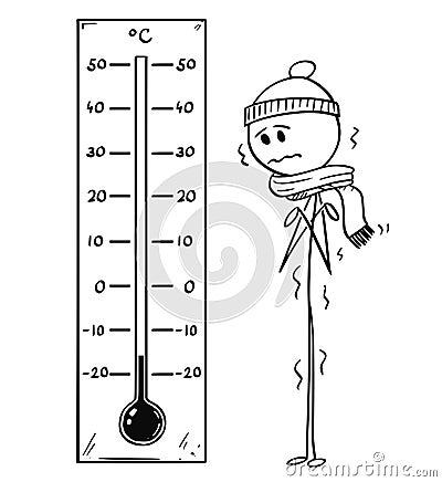 Cartoon of Chilled Man Looking at Big Celsius Thermometer Showing Low Temperature Vector Illustration