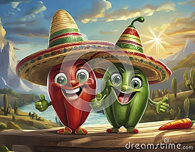 cartoon chilli peppers wearing sombreros Stock Photo