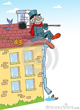 Cartoon chimney sweep on roof Vector Illustration