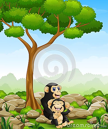 Cartoon chimpanzee mother hug her baby chimp in the jungle Vector Illustration