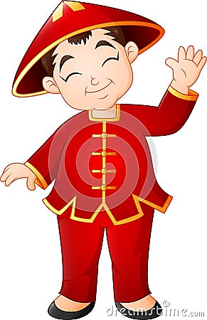 Cartoon Chinese boy wearing traditional costume Vector Illustration