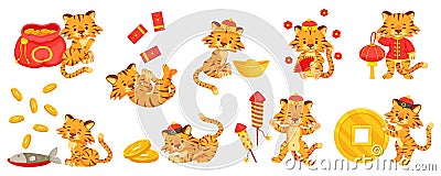 Cartoon chinese new year tiger, cute tigers with gold ingot. Little tiger cubs with firecrackers, money bag. Holiday Vector Illustration