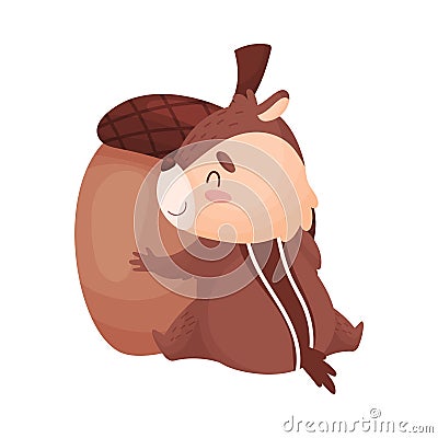 Cartoon chipmunk hugs an acorn. Vector illustration isolated on white background Vector Illustration