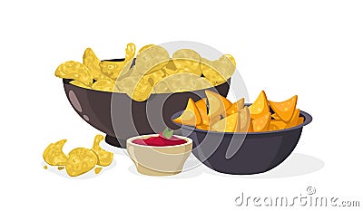 Cartoon chips in bowl. Yellow crispy fried potato snack in bowl, crunchy organic vegan product package. Vector Vector Illustration