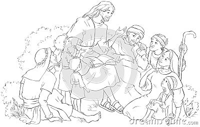 Jesus preaching to a group of people Coloring page Vector Illustration