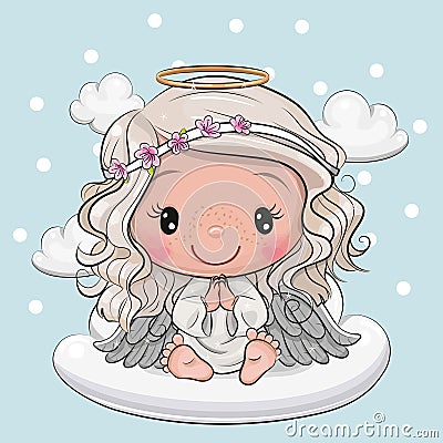 Cartoon Christmas angel is sitting on a cloud Vector Illustration