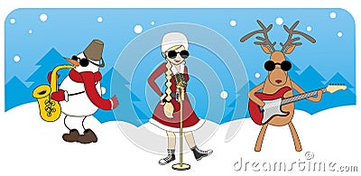 Cartoon Christmas card. girl, snowman and reindeer Vector Illustration