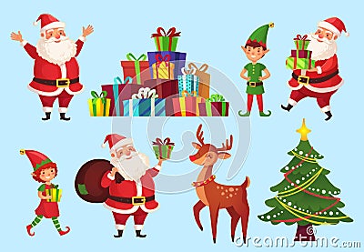 Cartoon christmas characters. Xmas tree with Santa Claus gifts, Santas helpers elves and winter holidays deer vector Vector Illustration