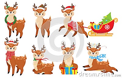 Cartoon christmas deer. Cute fawn in winter scarf, xmas reindeer child and funny deers vector illustration set Vector Illustration