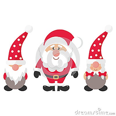 Cartoon christmas dwarf boy and girl and cartoon santa claus Vector Illustration