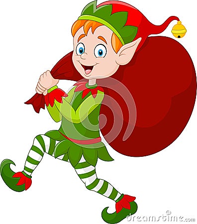 Cartoon Christmas elf carrying a bag of present Vector Illustration