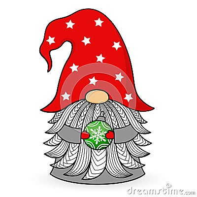 Cartoon Christmas gnome in a hat with a ball. Vector character with a beard Vector Illustration