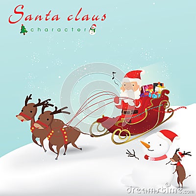 Cartoon Christmas illustrations set. Funny happy Santa Claus and raindeer on the Sleigh, bag with presents, snowman and little Vector Illustration