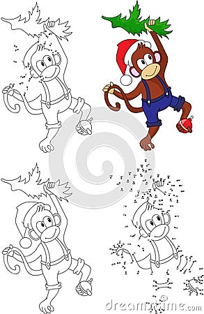 Cartoon Christmas monkey. Coloring book and dot to dot game for Vector Illustration