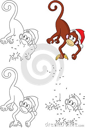 Cartoon Christmas monkey. Coloring book and dot to dot game for Vector Illustration