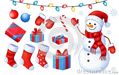 Cartoon Christmas and New Year paint collection. Set of Christmas icons. illustration on white background. Cartoon Illustration