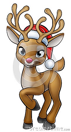 Cartoon Christmas Reindeer Wearing Santa Hat Vector Illustration