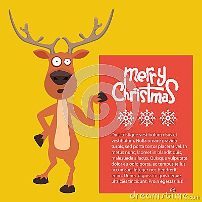 Cartoon Christmas Santas reindeer lean on and pointing at a sign Vector Illustration