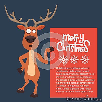 Cartoon Christmas Santas reindeer pointing at a sign Vector Illustration