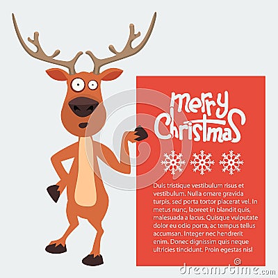 Cartoon Christmas Santas reindeer pointing at a sign Vector Illustration