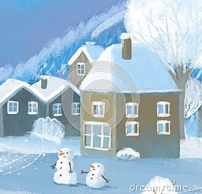 cartoon christmas scene with city in the winter with some kids near the town playing winter games illustration for children Cartoon Illustration