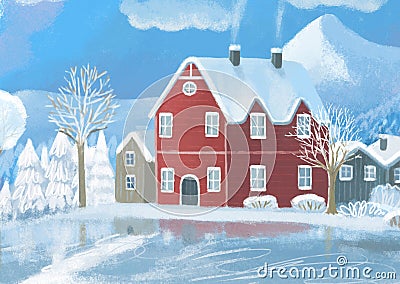 cartoon christmas scene with city in the winter with some kids near the town playing winter games illustration for children Cartoon Illustration