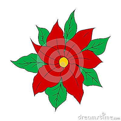 Cartoon christmas star, red flower Poinsettia. Vector illustration isolated on white Vector Illustration