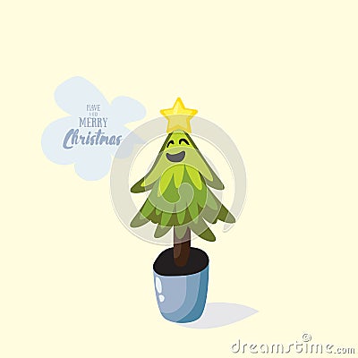 Cartoon Christmas tree in the pot wish you to have a very Merry Vector Illustration