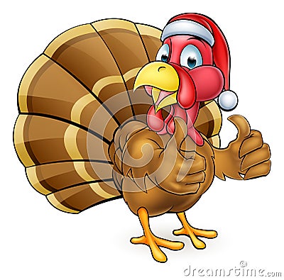 Cartoon Christmas Turkey Bird in Santa Hat Vector Illustration