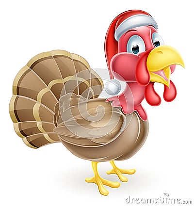 Cartoon Christmas Turkey in Santa Hat Vector Illustration