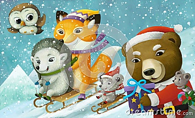 Cartoon christmas winter scene with animals sliding skiing on hill illustration Cartoon Illustration