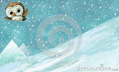 Cartoon christmas winter scene with animals sliding skiing on hill illustration Cartoon Illustration