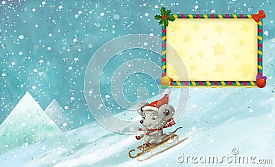 Cartoon christmas winter scene with frame with animals sliding skiing on hill illustration Cartoon Illustration