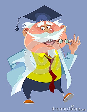 Cartoon chubby male professor in a robe and cap Vector Illustration