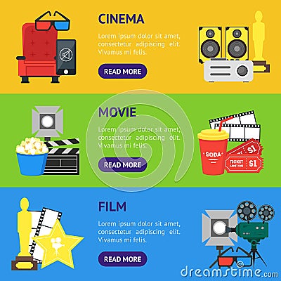 Cartoon Cinema Banner Horizontal Set. Vector Vector Illustration