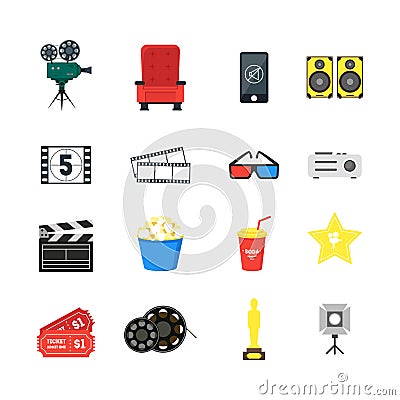 Cartoon Cinema Color Icons Set. Vector Vector Illustration