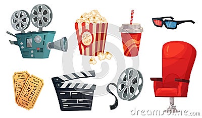 Cartoon cinema elements. Movie theater popcorn, filming cinema clapperboard and retro film camera vector illustration Vector Illustration
