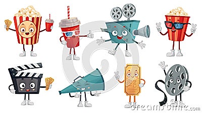 Cartoon cinema mascot. Popcorn in 3D glasses, funny movie film camera and cinemas tickets characters vector illustration set Vector Illustration