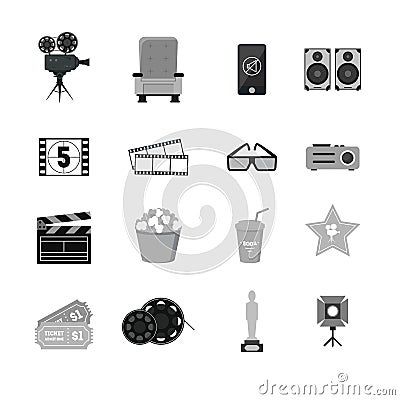 Cartoon Cinema Silhouette Black Icons Set. Vector Vector Illustration