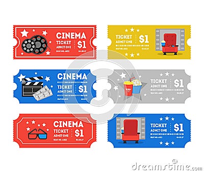 Cartoon Cinema Tickets Small Set. Vector Vector Illustration