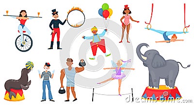 Cartoon circus characters, carnival artists, trained animal performers. Circus elephant, seal, clown, acrobat, magician Vector Illustration